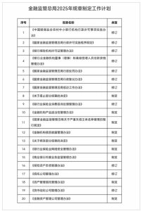 近日,金融监管总局发布的《 2025年规章制定工作计划》显示,2025年度计划修订规章11部,制定规章9部。其中包括修订《国家金融监督管理